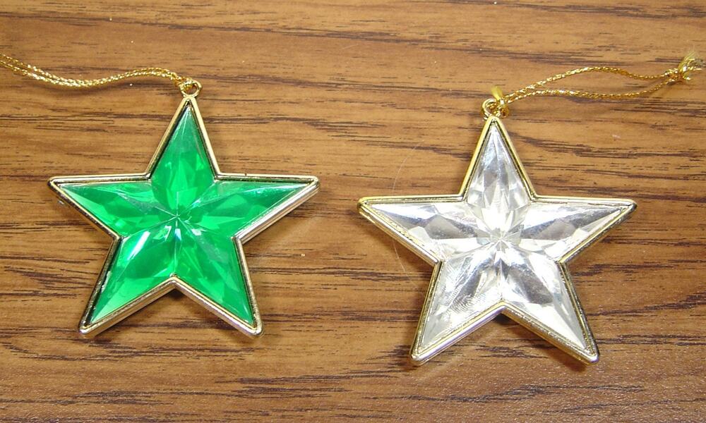 2 STAR ORNAMENTS-A GREEN & A CLEAR ONE WITH GOLD TRIM-2.5" WIDE